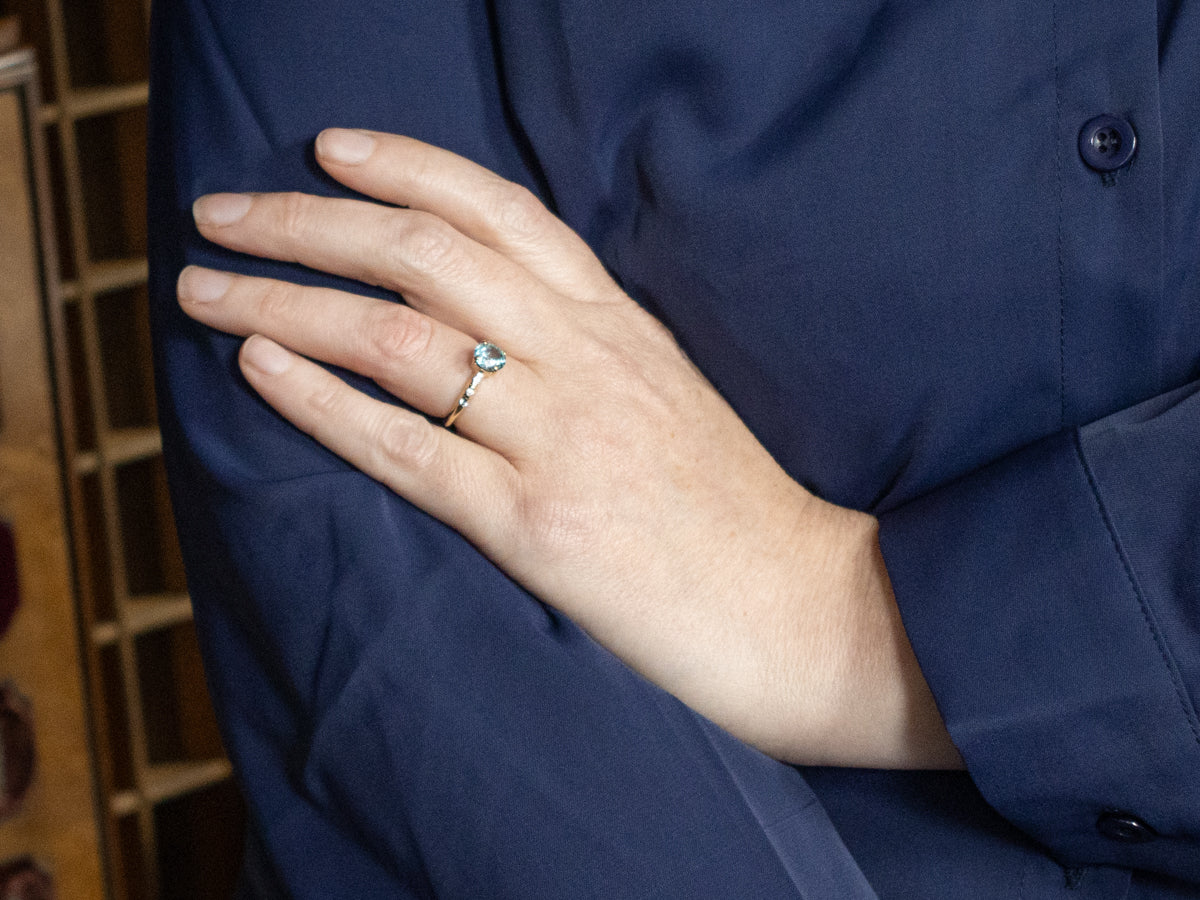 Round Cut Blue Zircon and Diamond Ring