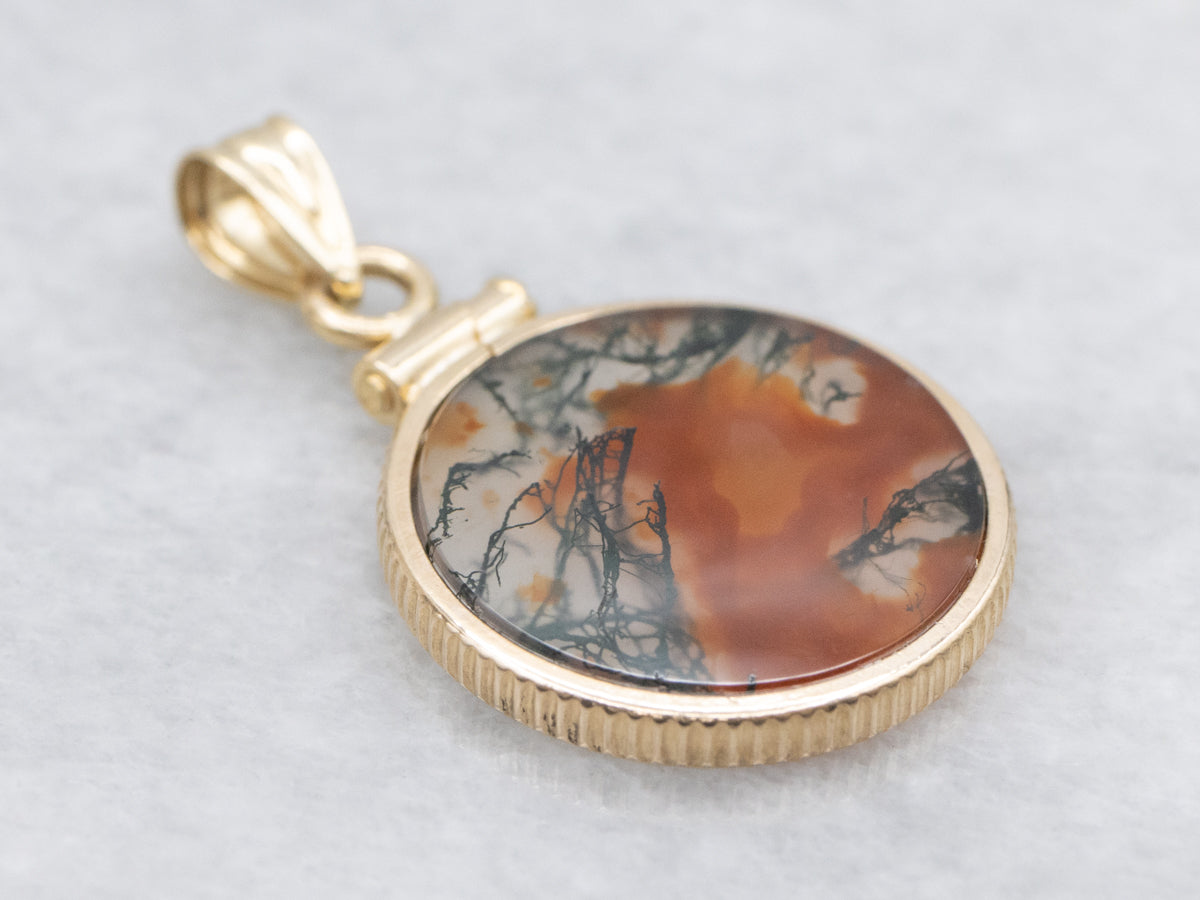 Bezel Set Carnelian Moss Agate Coin Edge Pendant