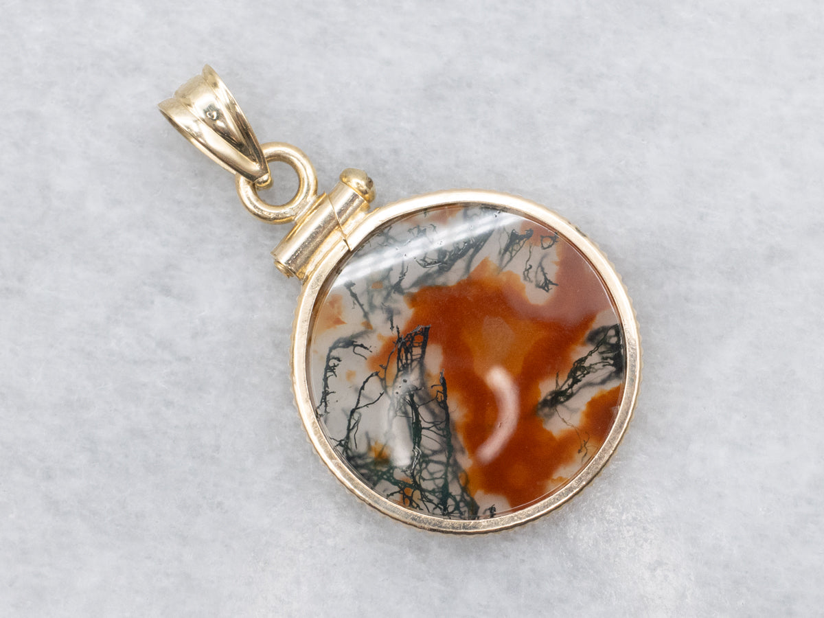 Bezel Set Carnelian Moss Agate Coin Edge Pendant