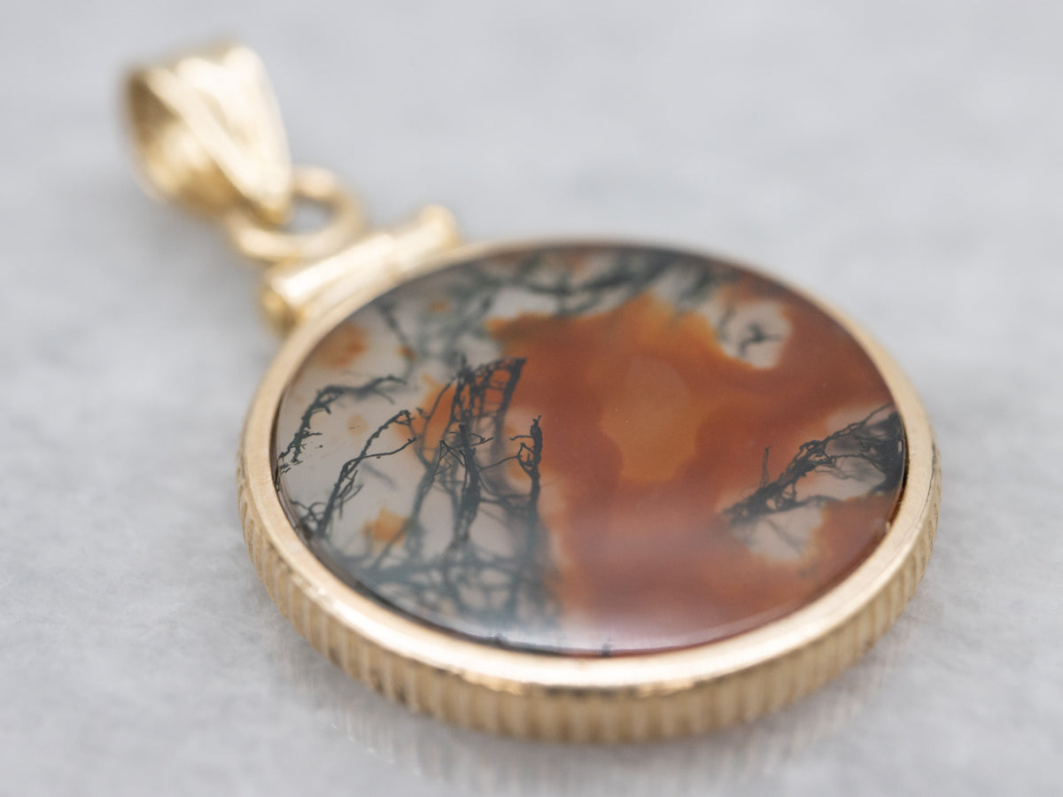 Bezel Set Carnelian Moss Agate Coin Edge Pendant