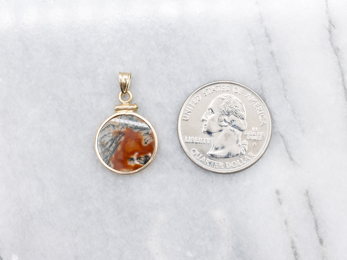 Bezel Set Carnelian Moss Agate Coin Edge Pendant