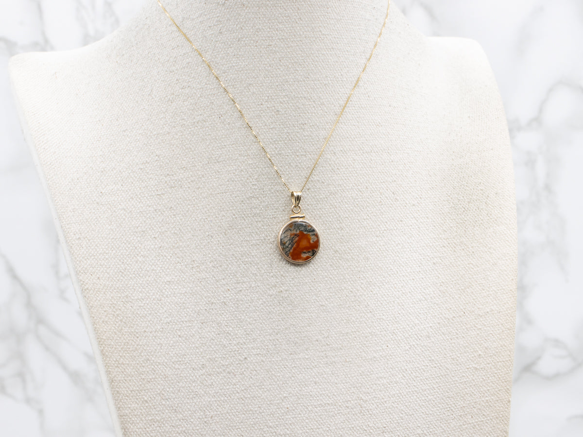 Bezel Set Carnelian Moss Agate Coin Edge Pendant