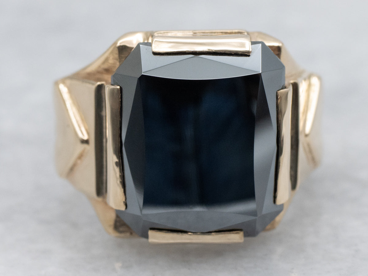 Men's Mid-Century Hematite Ring with Geometric Shoulders