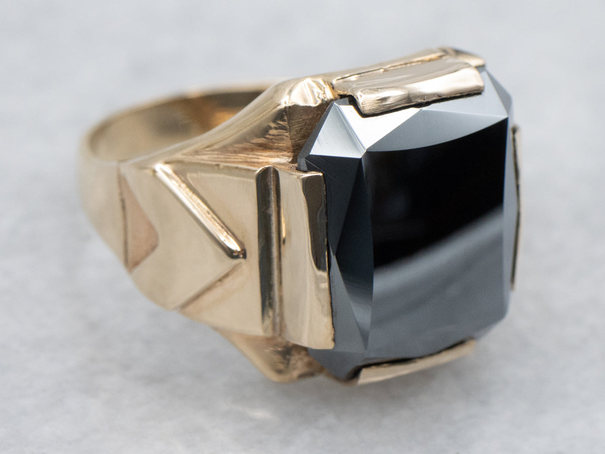 Men's Mid-Century Hematite Ring with Geometric Shoulders