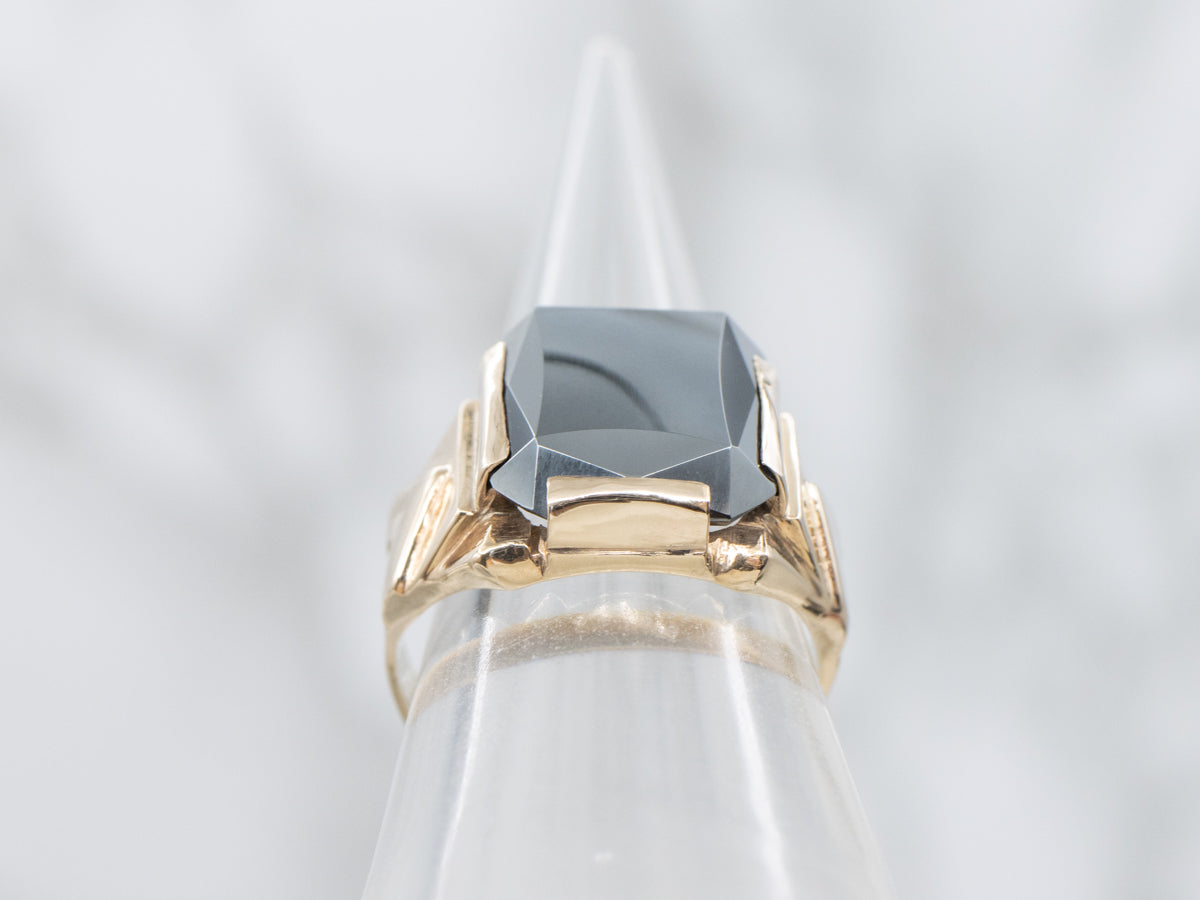 Men's Mid-Century Hematite Ring with Geometric Shoulders