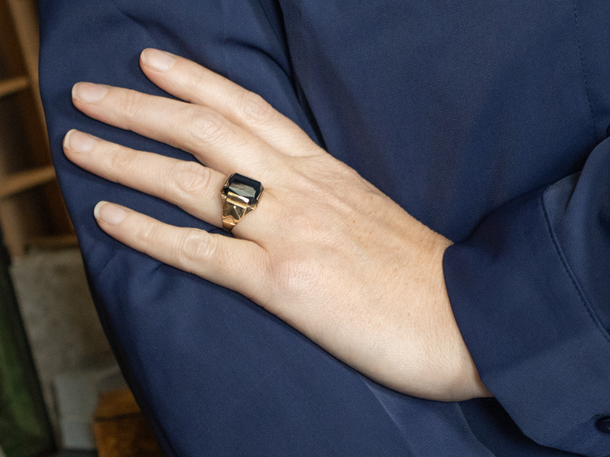 Men's Mid-Century Hematite Ring with Geometric Shoulders