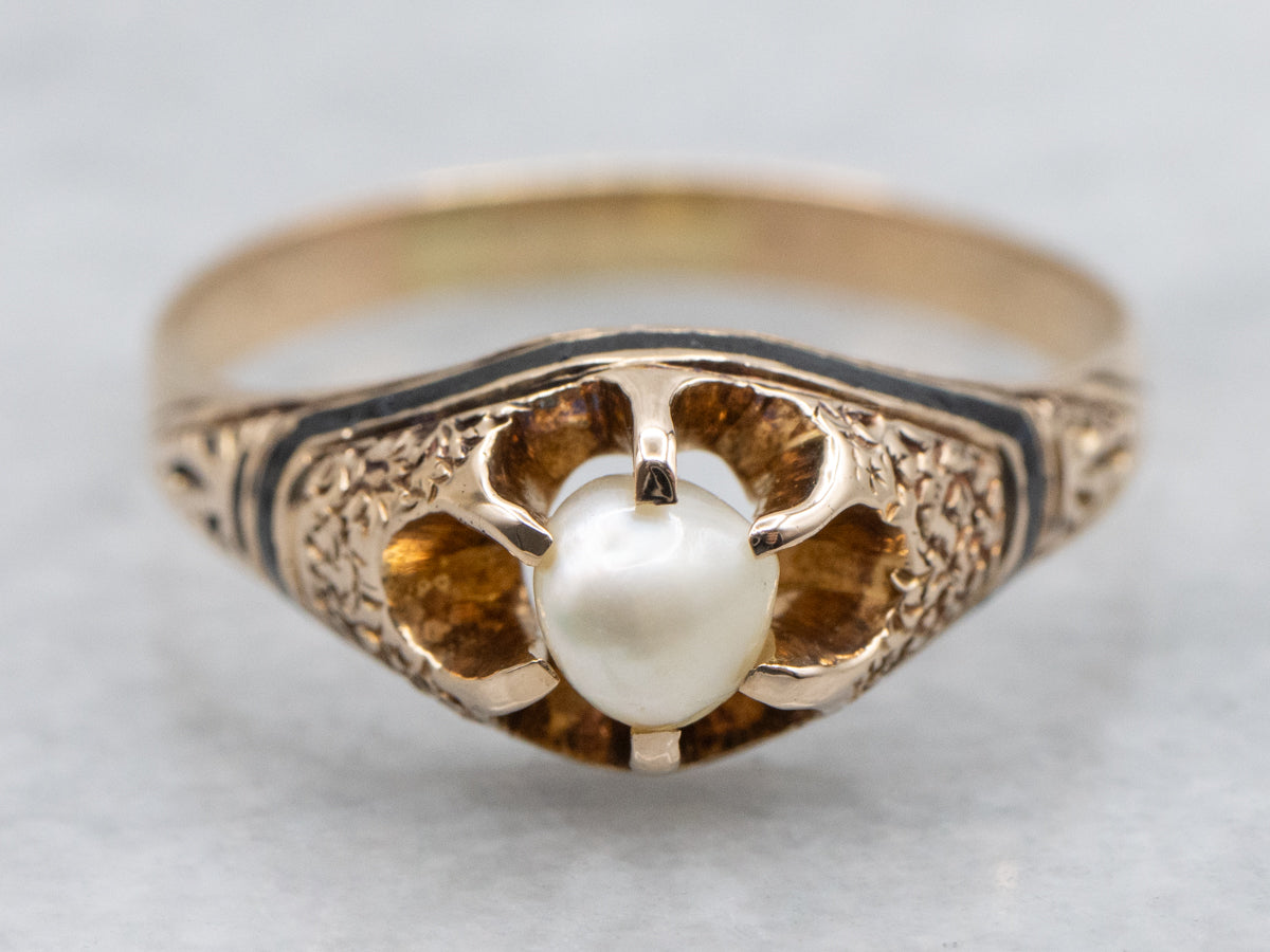 Victorian Gold Natural Pearl and Black Enamel Ring