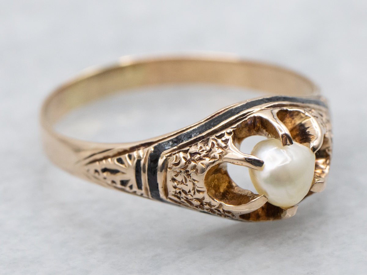 Victorian Gold Natural Pearl and Black Enamel Ring