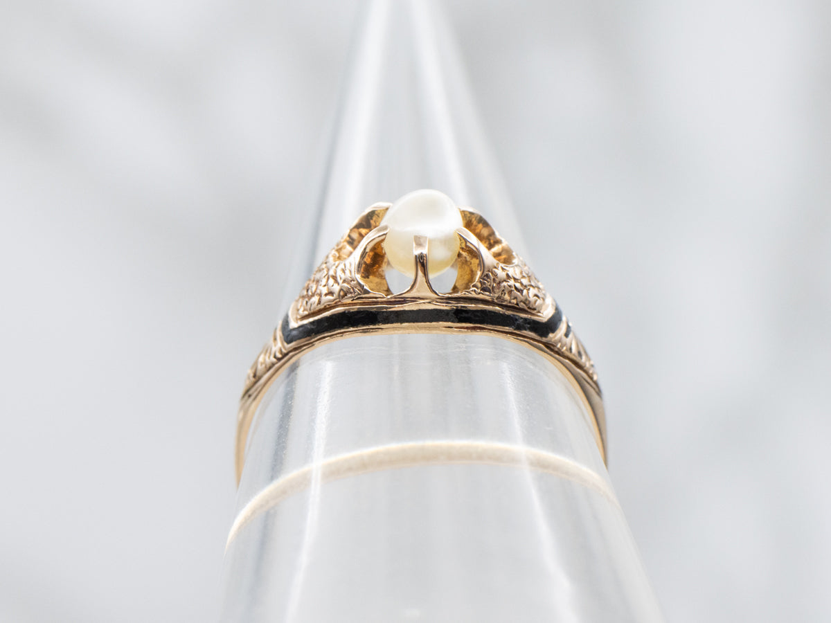 Victorian Gold Natural Pearl and Black Enamel Ring