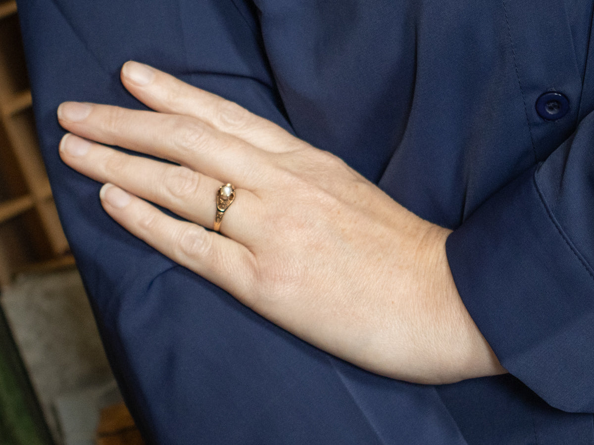 Victorian Gold Natural Pearl and Black Enamel Ring