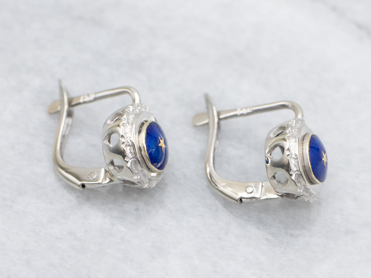 Gold Star Blue Enamel Drop Earrings