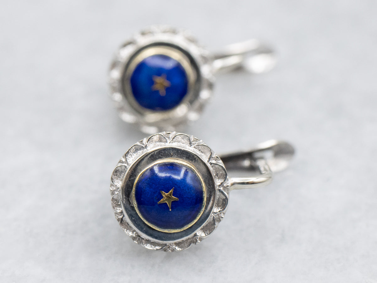 Gold Star Blue Enamel Drop Earrings