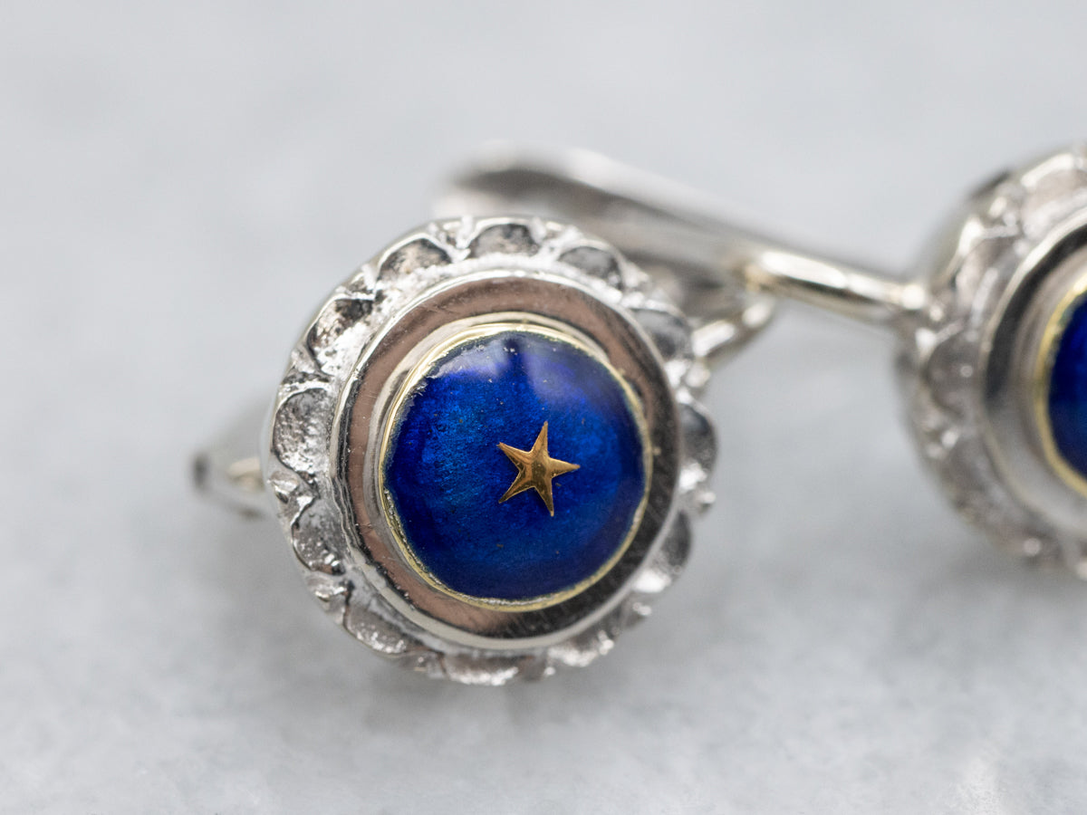 Gold Star Blue Enamel Drop Earrings