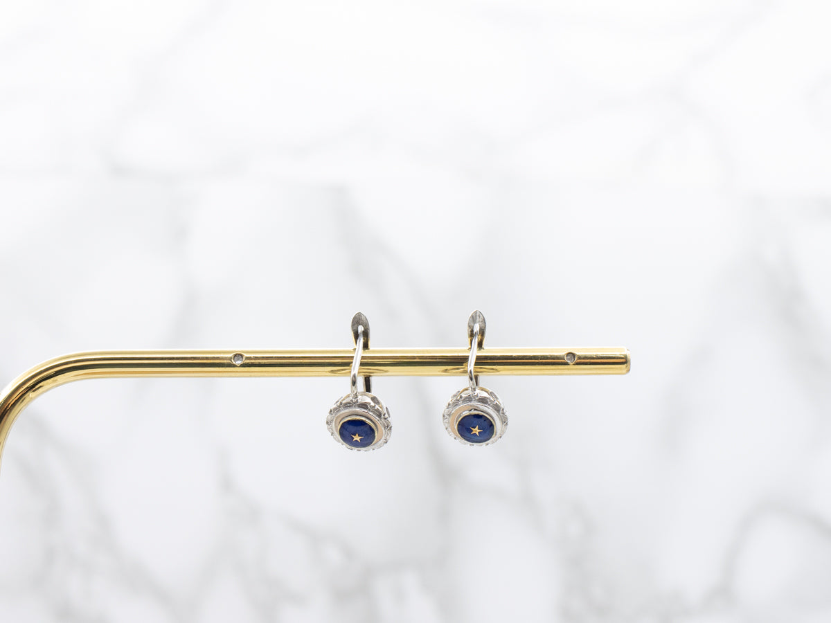 Gold Star Blue Enamel Drop Earrings