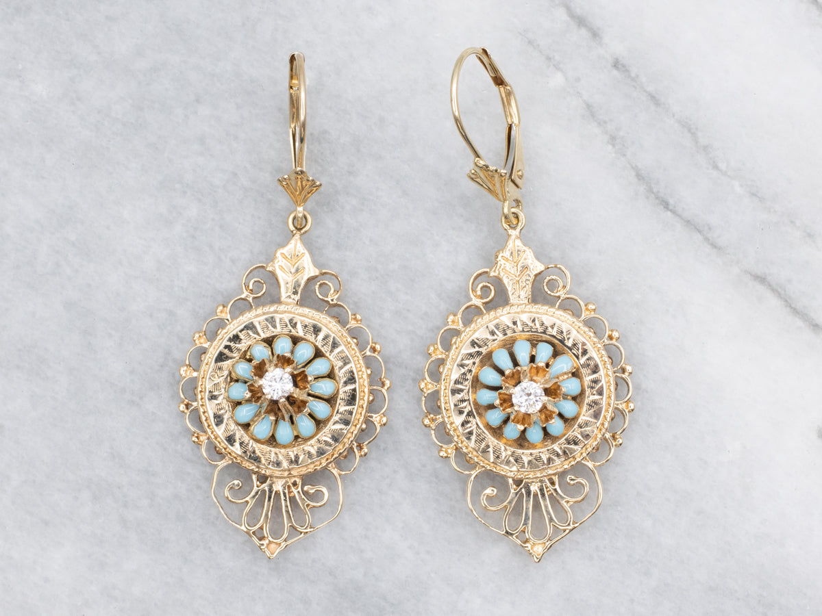Ornate Diamond and Blue Enamel Gold Drop Earrings