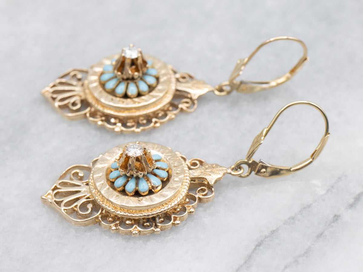 Ornate Diamond and Blue Enamel Gold Drop Earrings