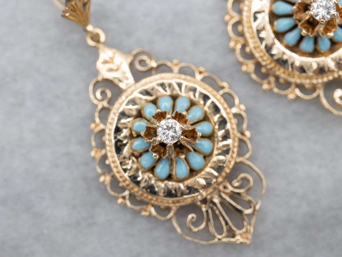 Ornate Diamond and Blue Enamel Gold Drop Earrings