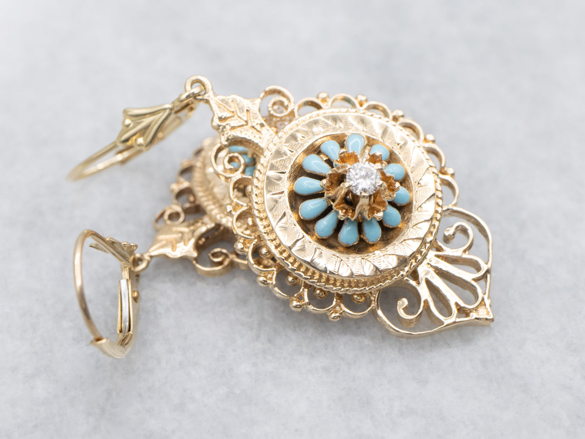 Ornate Diamond and Blue Enamel Gold Drop Earrings