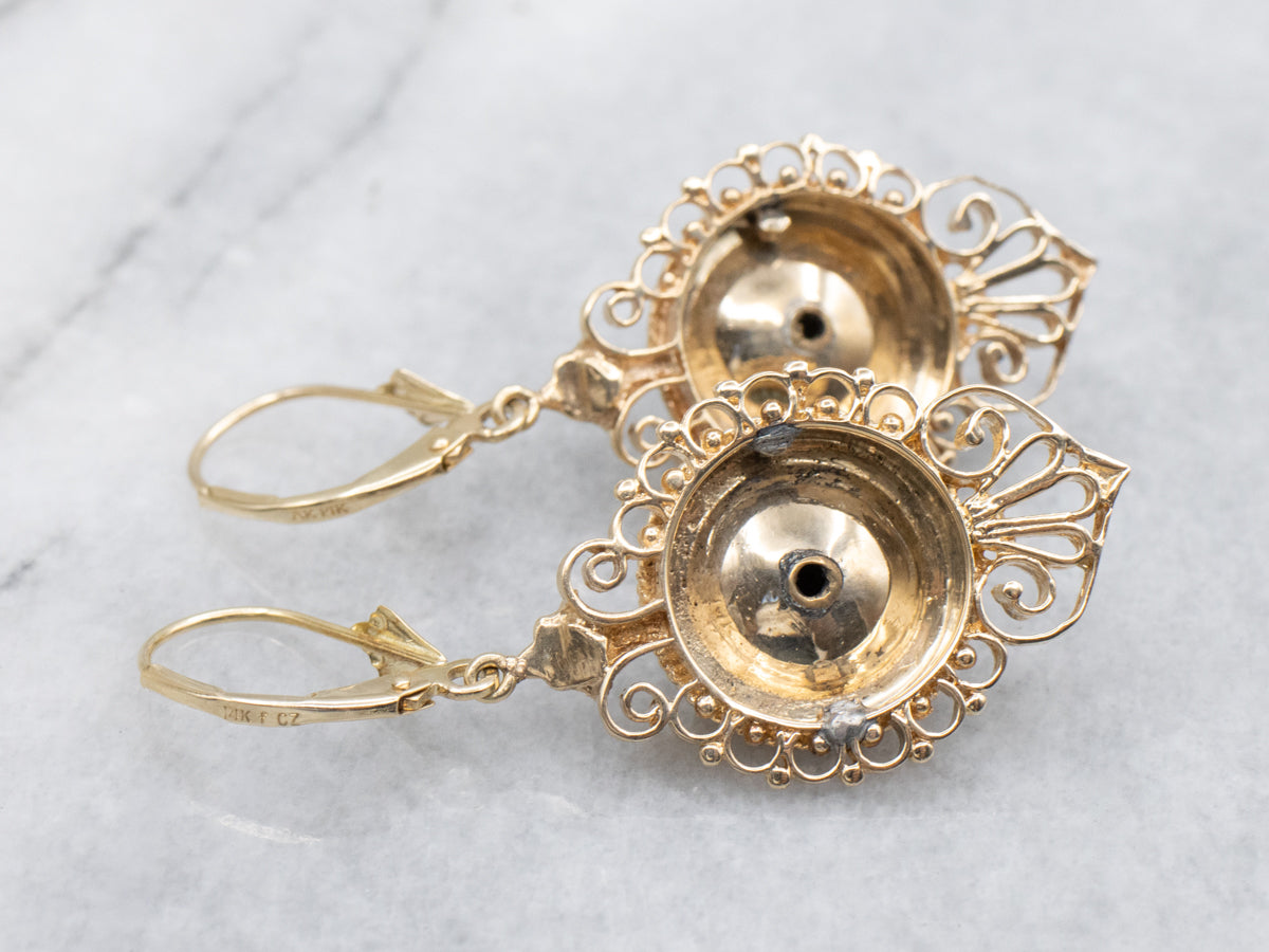 Ornate Diamond and Blue Enamel Gold Drop Earrings