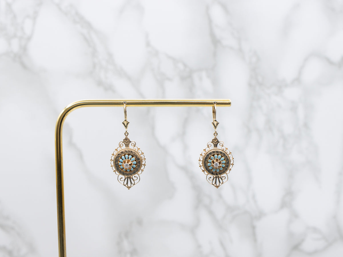 Ornate Diamond and Blue Enamel Gold Drop Earrings