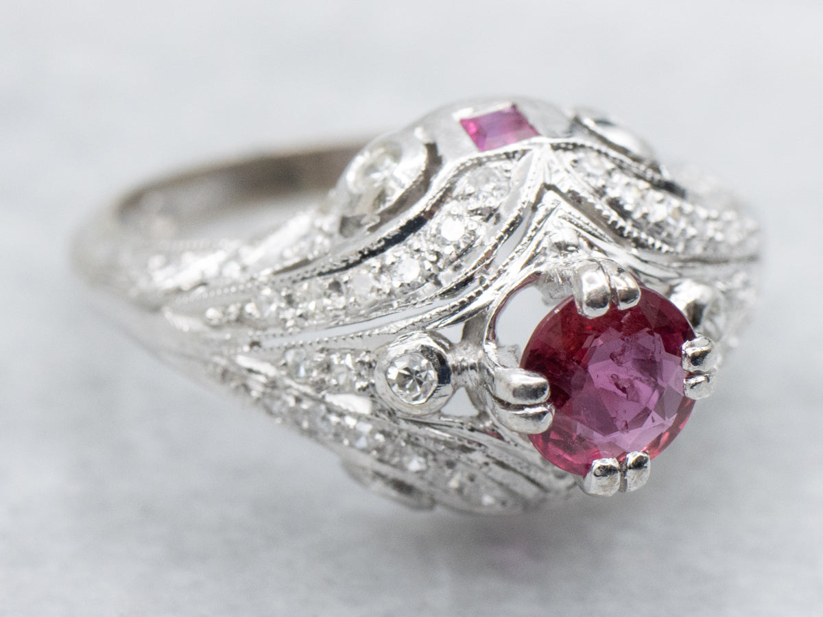 Art Deco-Inspired Ruby and Diamond White Gold Ring