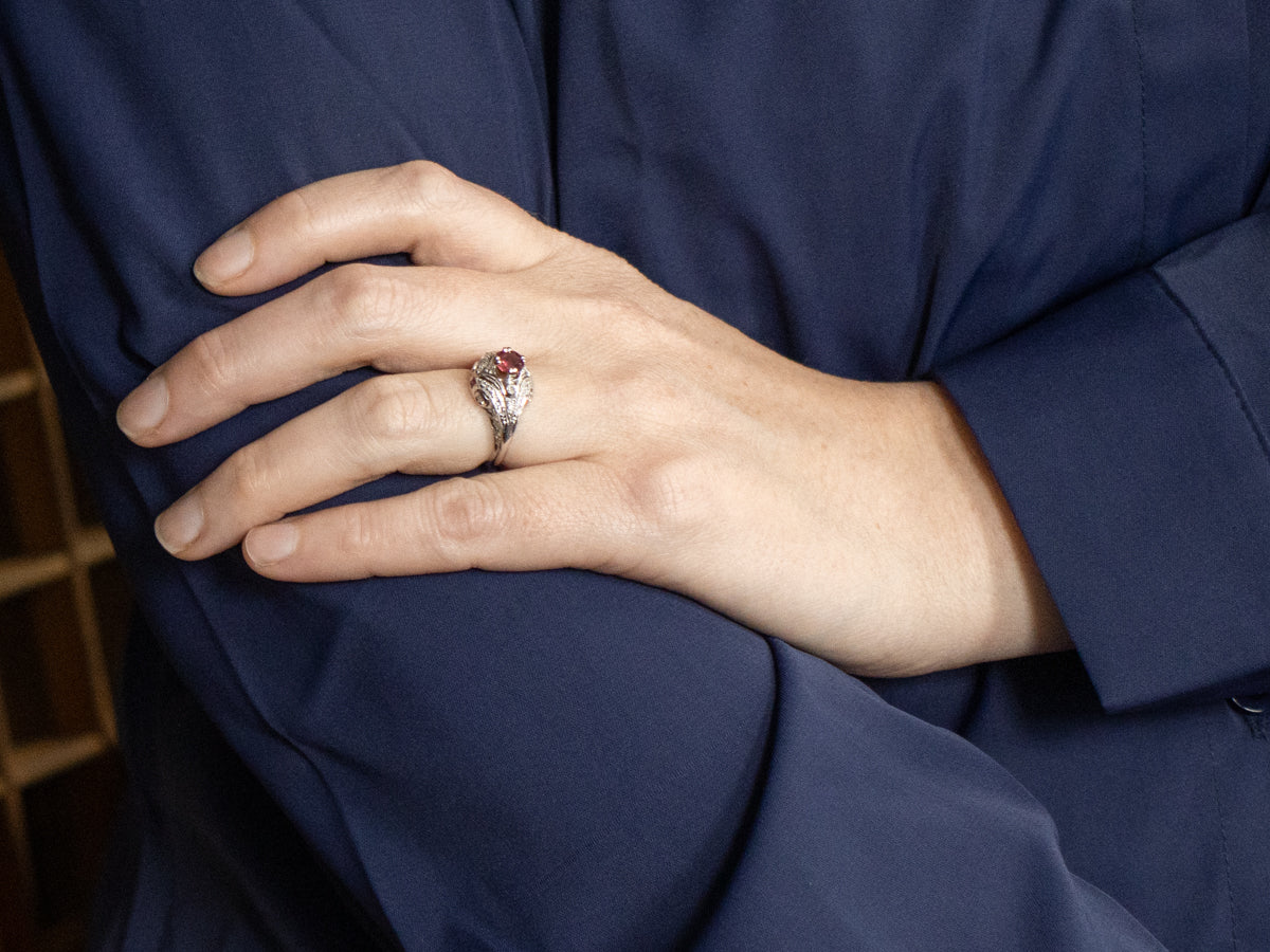 Art Deco-Inspired Ruby and Diamond White Gold Ring