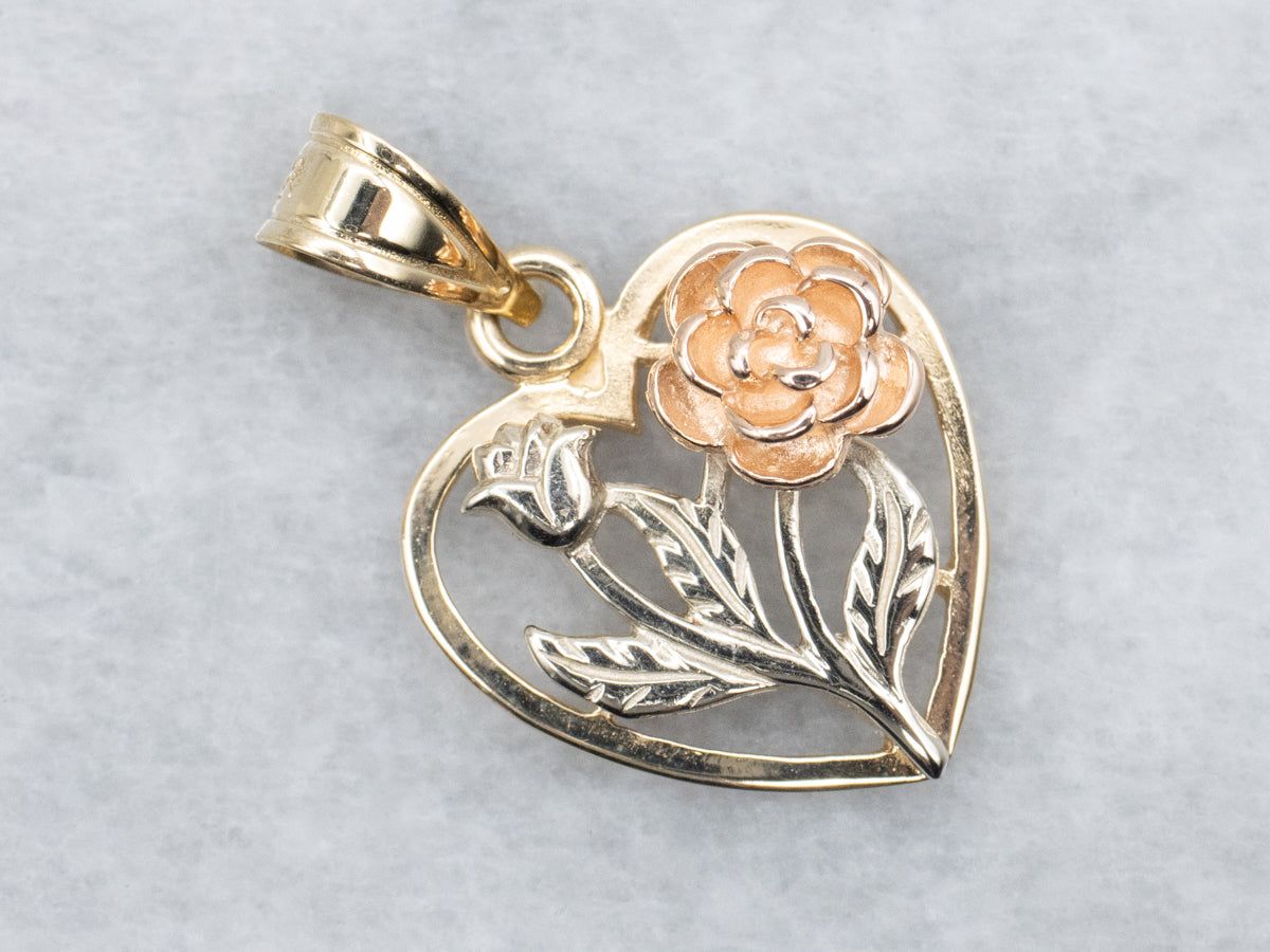 Tri-Color Gold Heart Shaped Flower Pendant
