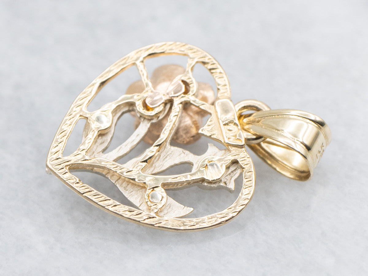 Tri-Color Gold Heart Shaped Flower Pendant