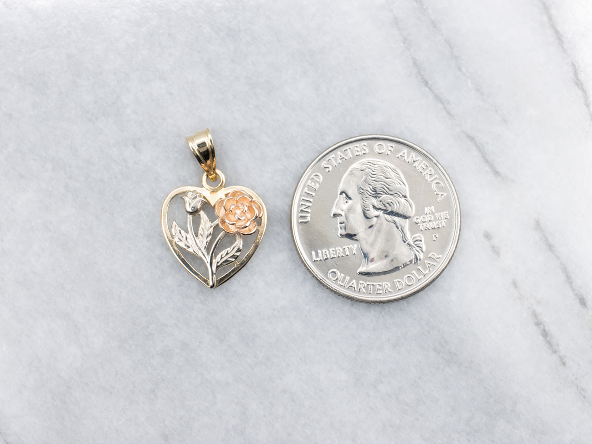 Tri-Color Gold Heart Shaped Flower Pendant