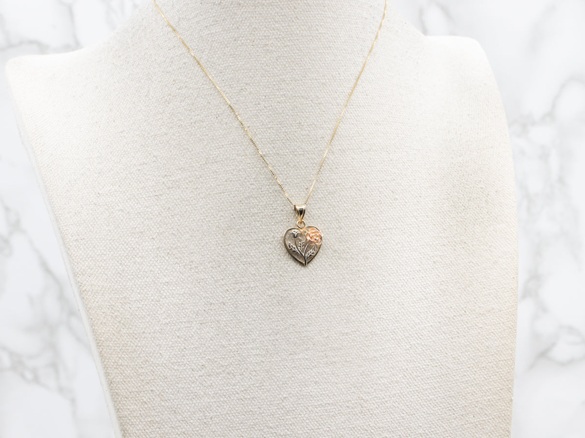 Tri-Color Gold Heart Shaped Flower Pendant
