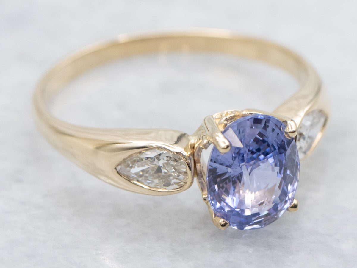 Modern Polished Gold Purple Sapphire and Diamond Ring