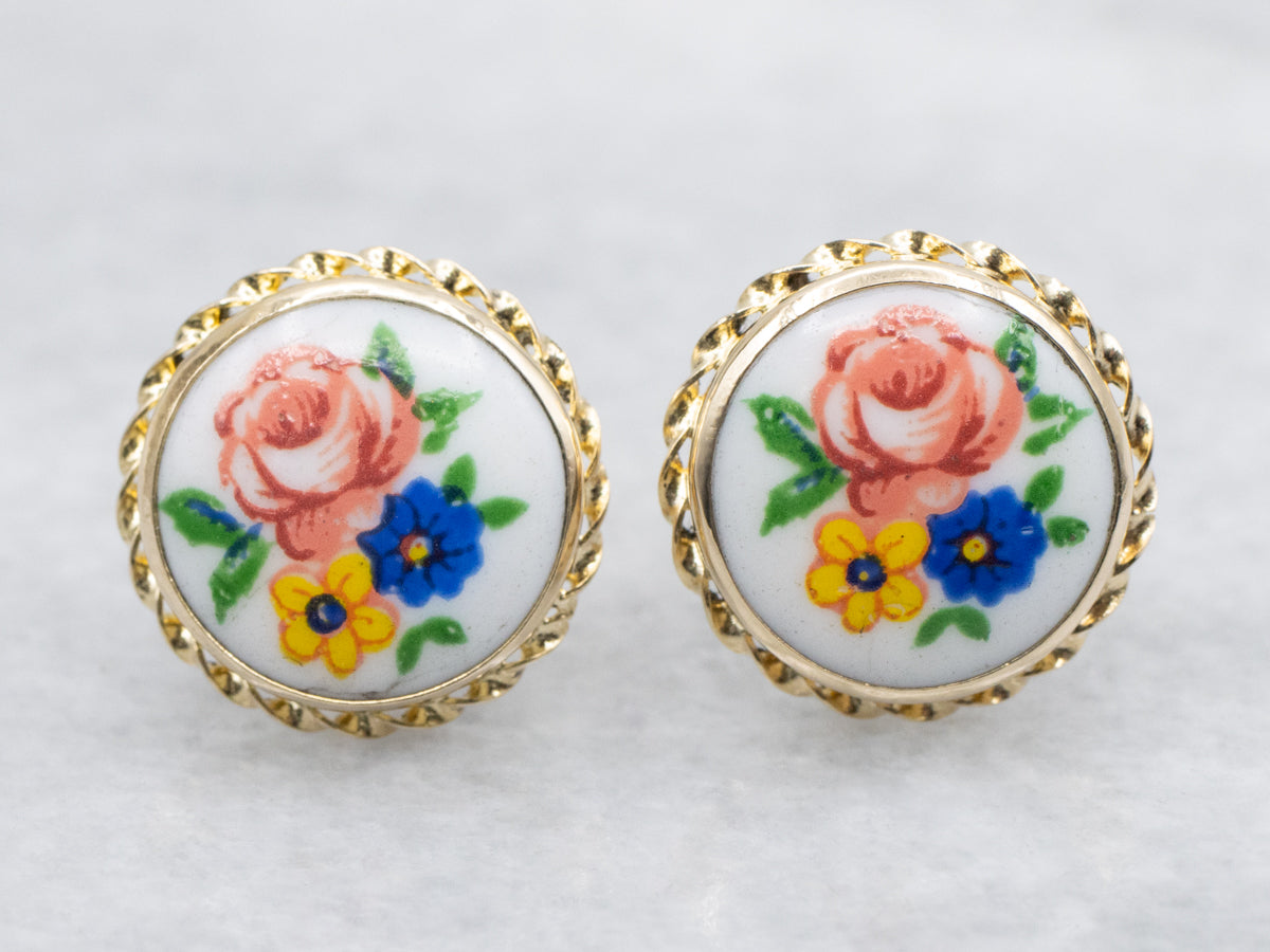 Vintage Floral Painted Ceramic Stud Earrings with Twisted Frame
