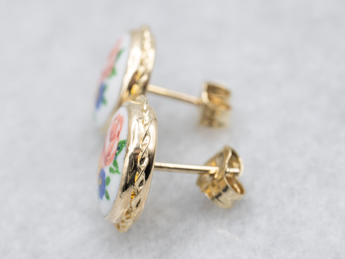 Vintage Floral Painted Ceramic Stud Earrings with Twisted Frame