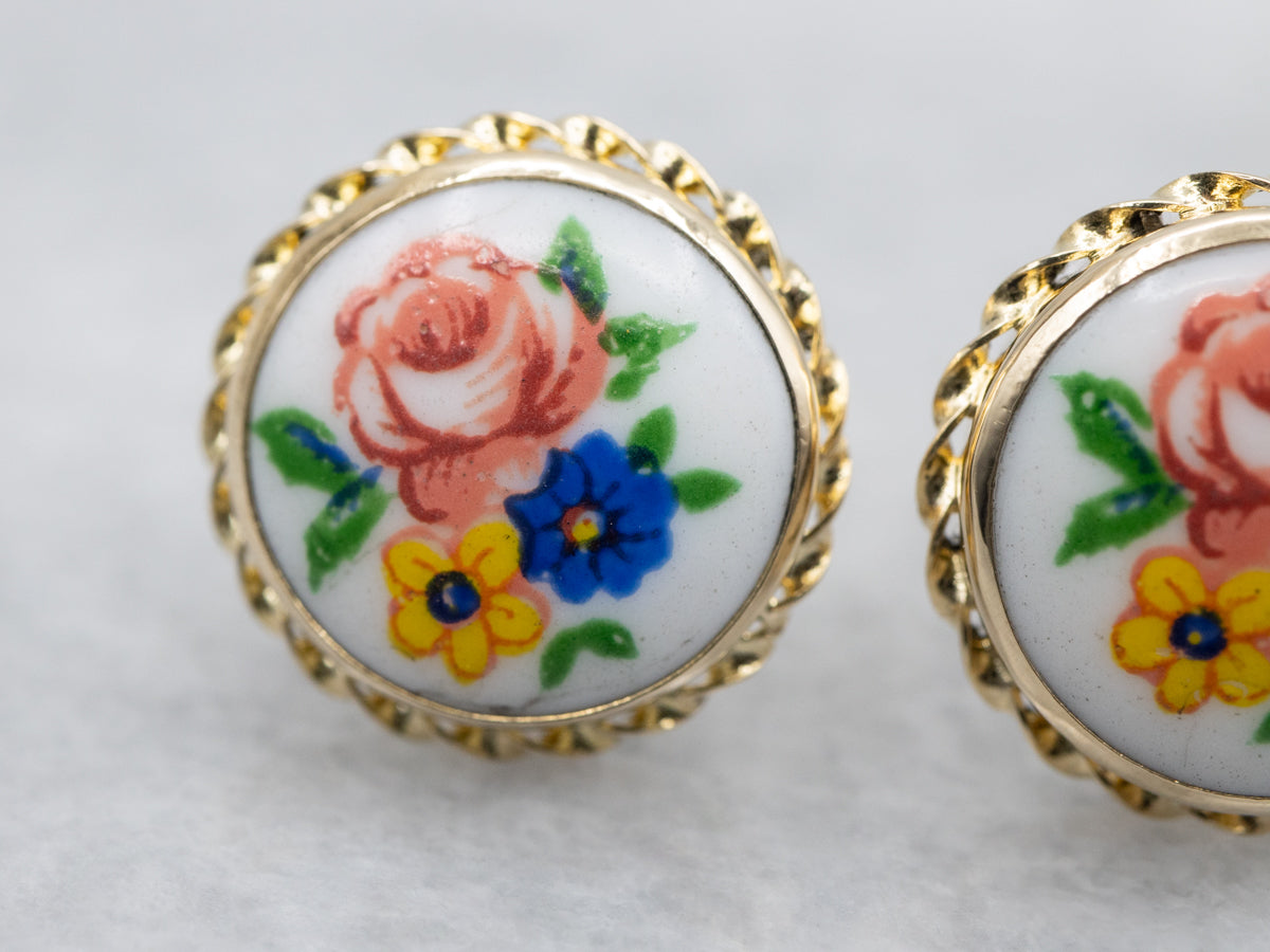 Vintage Floral Painted Ceramic Stud Earrings with Twisted Frame