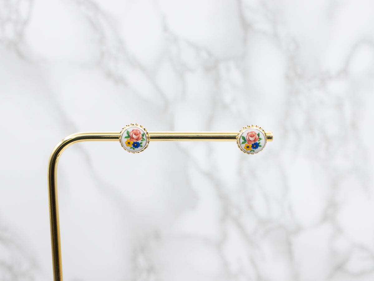 Vintage Floral Painted Ceramic Stud Earrings with Twisted Frame