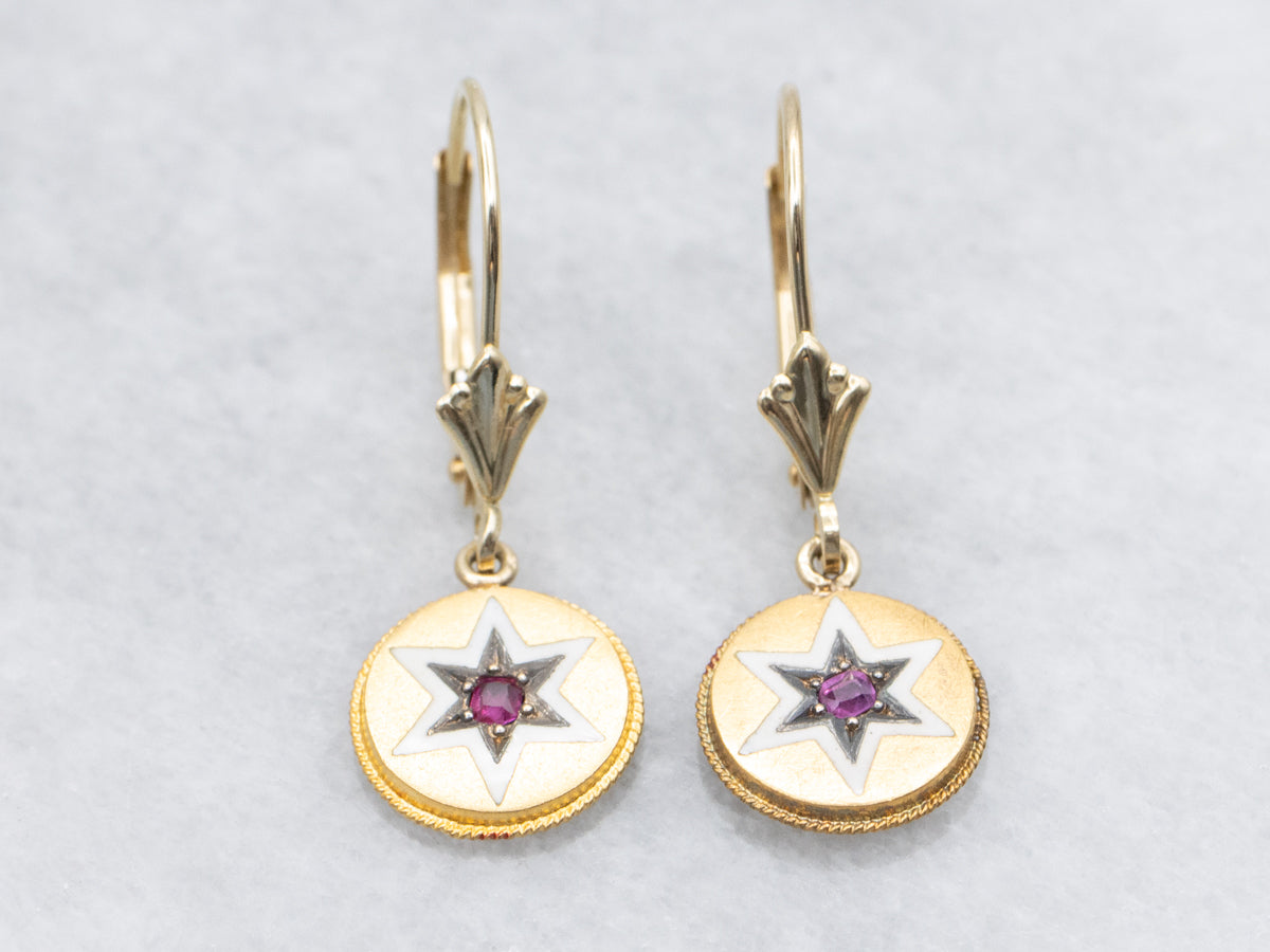Ruby and White Enamel Star Drop Earrings