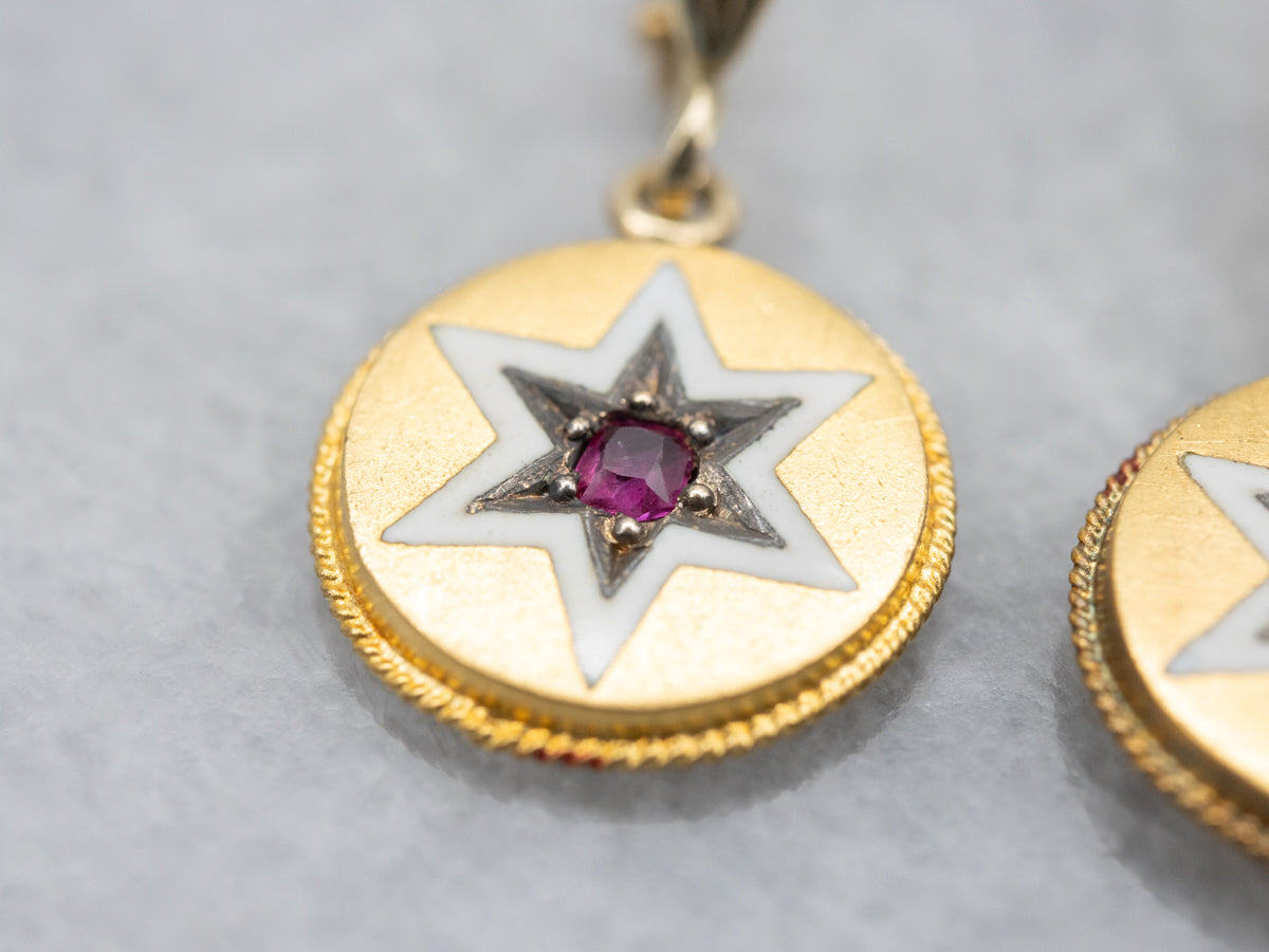 Ruby and White Enamel Star Drop Earrings