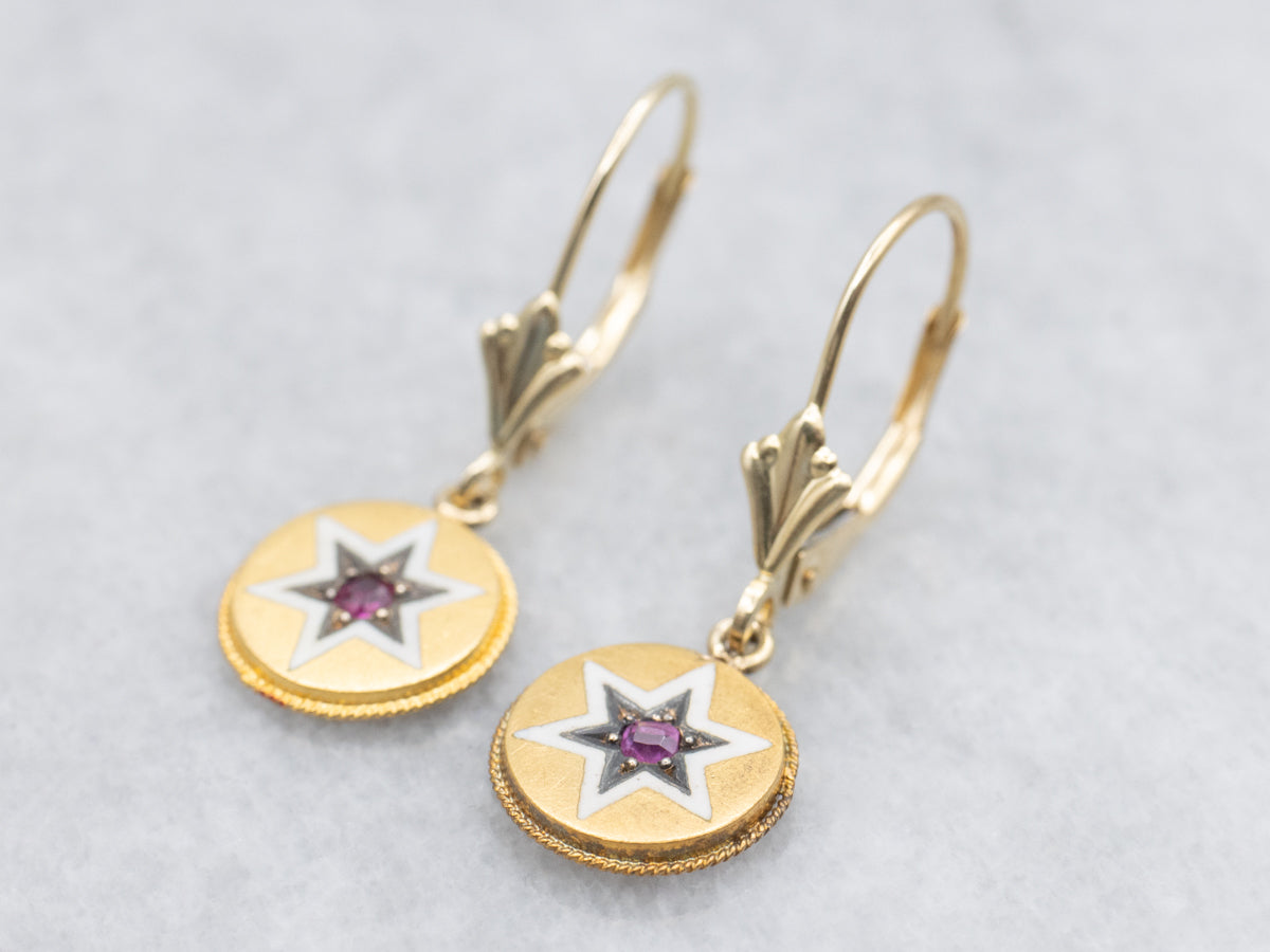 Ruby and White Enamel Star Drop Earrings