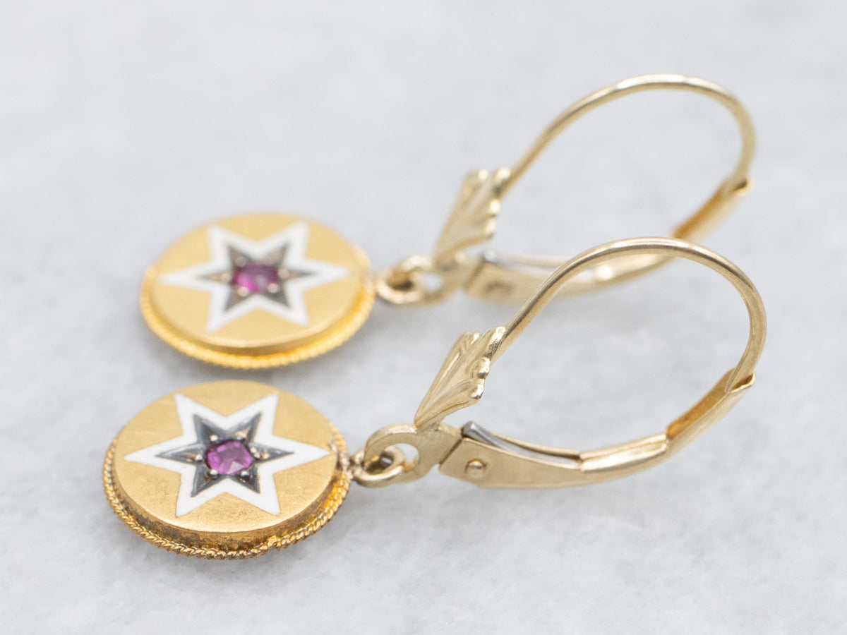 Ruby and White Enamel Star Drop Earrings