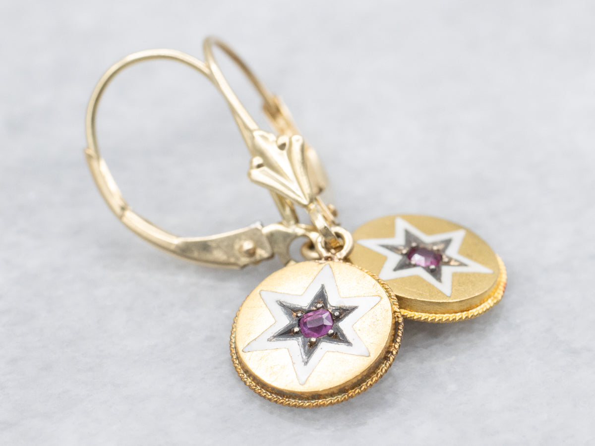Ruby and White Enamel Star Drop Earrings