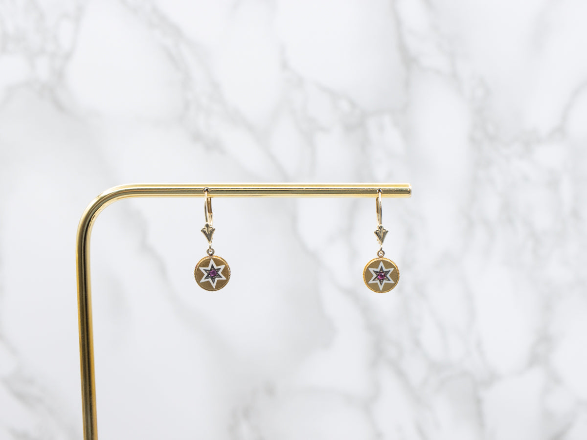 Ruby and White Enamel Star Drop Earrings