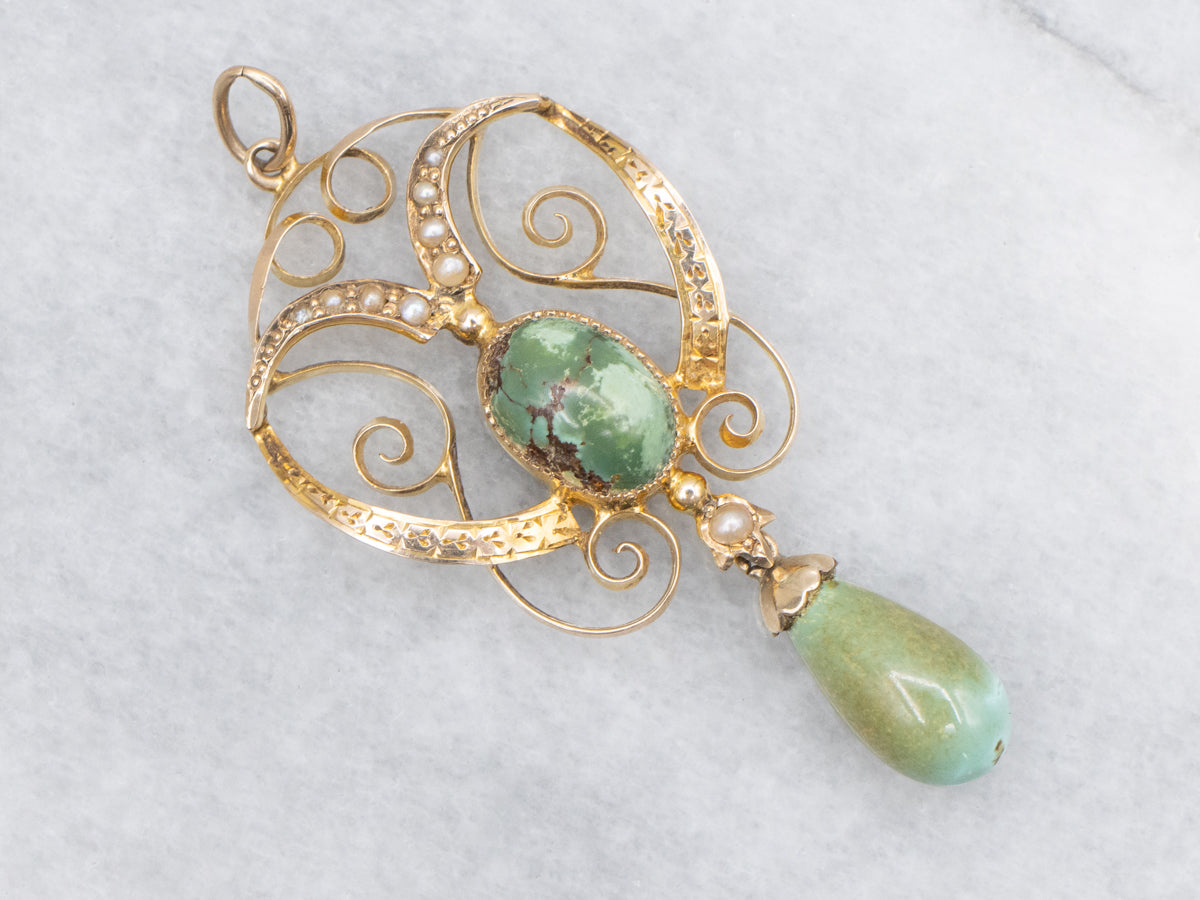 Antique Belle Époque Turquoise and Seed Pearl Pendant