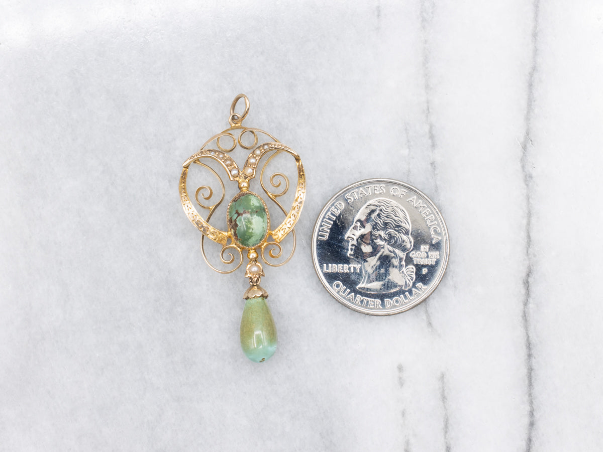 Antique Belle Époque Turquoise and Seed Pearl Pendant