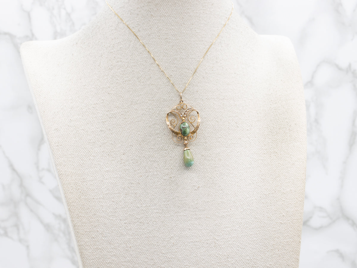 Antique Belle Époque Turquoise and Seed Pearl Pendant