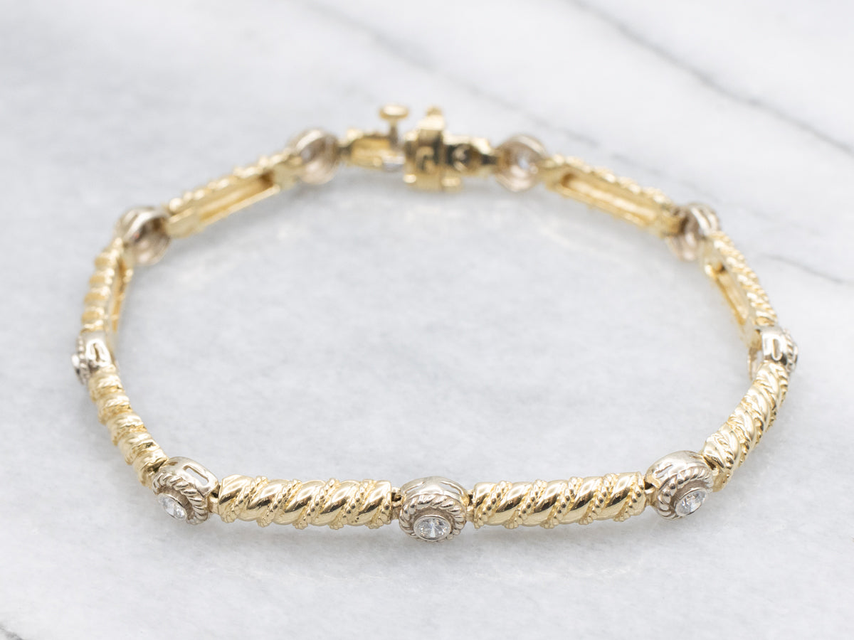 Nautical Rope Twist Two Tone Diamond Link Bracelet