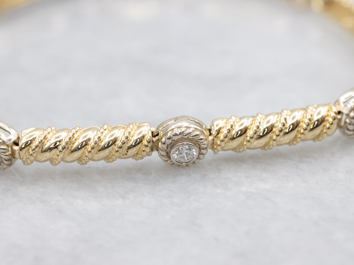 Nautical Rope Twist Two Tone Diamond Link Bracelet