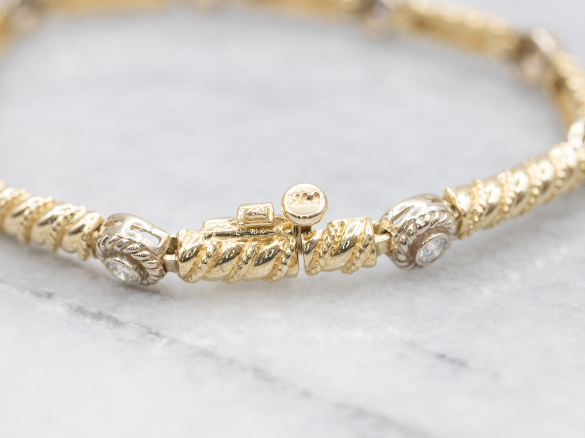 Nautical Rope Twist Two Tone Diamond Link Bracelet