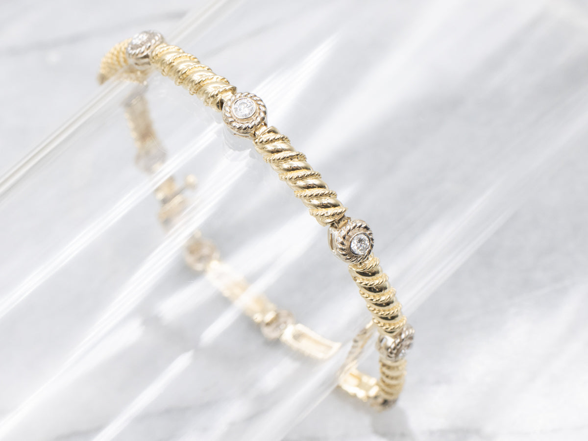 Nautical Rope Twist Two Tone Diamond Link Bracelet