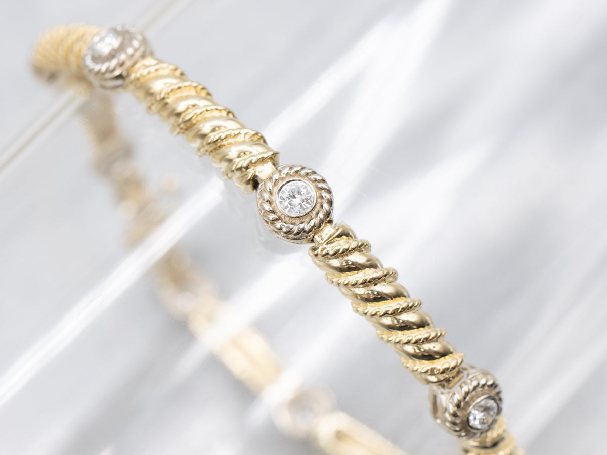 Nautical Rope Twist Two Tone Diamond Link Bracelet
