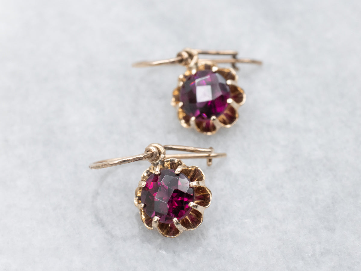 Romantic Rhodolite Garnet and Gold Buttercup Drop Earrings